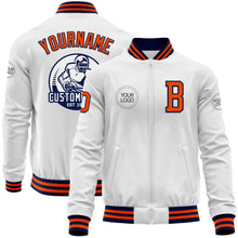 Load image into Gallery viewer, Custom White Orange-Navy Bomber Varsity Letterman Zipper Jacket
