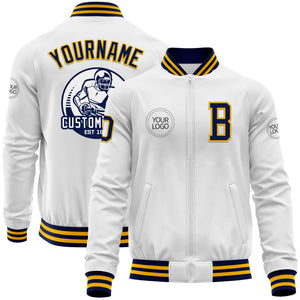 Custom White Navy-Gold Bomber Varsity Letterman Zipper Jacket