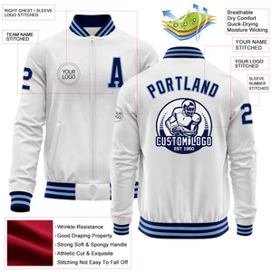 Custom White Navy-Light Blue Bomber Varsity Letterman Zipper Jacket