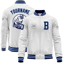 Load image into Gallery viewer, Custom White Navy-Light Blue Bomber Varsity Letterman Zipper Jacket
