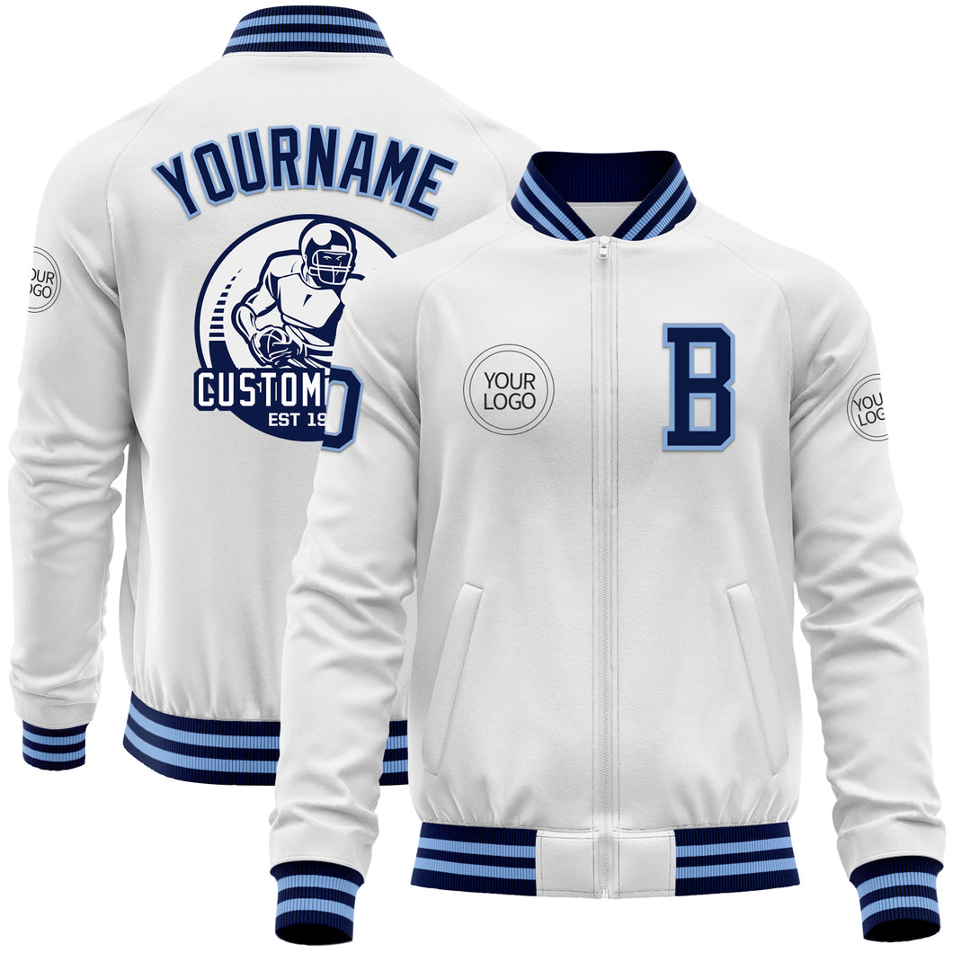 Custom White Navy-Light Blue Bomber Varsity Letterman Zipper Jacket