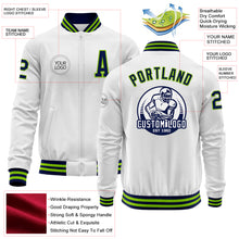 Load image into Gallery viewer, Custom White Navy-Neon Green Bomber Varsity Letterman Zipper Jacket
