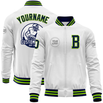 Custom White Navy-Neon Green Bomber Varsity Letterman Zipper Jacket