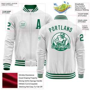 Custom White Kelly Green Bomber Varsity Letterman Zipper Jacket