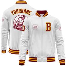 Laden Sie das Bild in den Galerie-Viewer, Custom White Crimson-Gold Bomber Varsity Letterman Zipper Jacket
