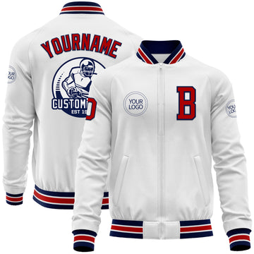 Custom White Red-Navy Bomber Varsity Letterman Zipper Jacket