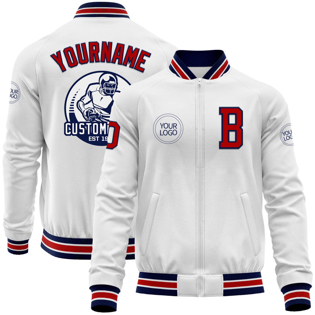 Custom White Red-Navy Bomber Varsity Letterman Zipper Jacket