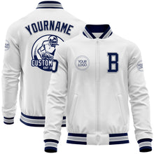 Load image into Gallery viewer, Custom White Navy-Gray Bomber Varsity Letterman Zipper Jacket
