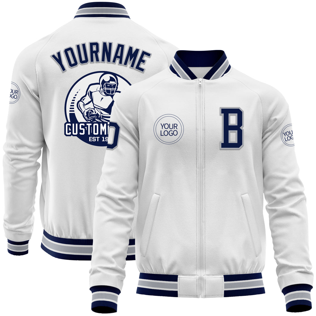 Custom White Navy-Gray Bomber Varsity Letterman Zipper Jacket