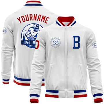 Custom White Red-Royal Bomber Varsity Letterman Zipper Jacket