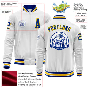 Custom White Royal-Yellow Bomber Varsity Letterman Zipper Jacket