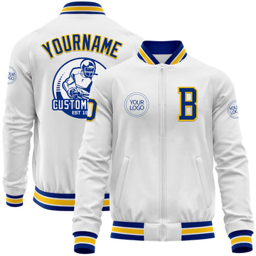 Custom White Royal-Yellow Bomber Varsity Letterman Zipper Jacket