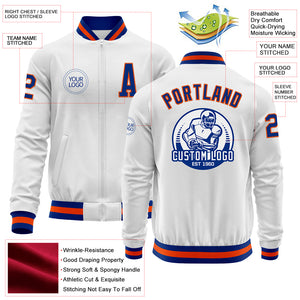 Custom White Royal-Orange Bomber Varsity Letterman Zipper Jacket