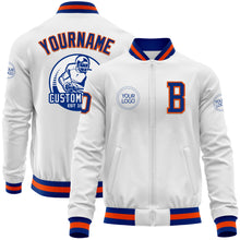 Laden Sie das Bild in den Galerie-Viewer, Custom White Royal-Orange Bomber Varsity Letterman Zipper Jacket
