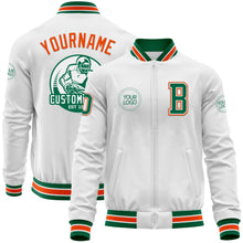 Load image into Gallery viewer, Custom White Kelly Green-Orange Bomber Varsity Letterman Zipper Jacket
