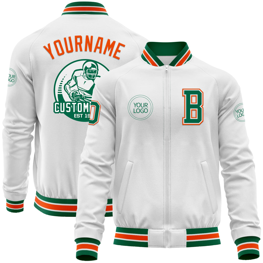 Custom White Kelly Green-Orange Bomber Varsity Letterman Zipper Jacket