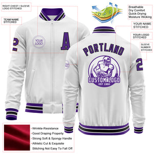 Custom White Purple-Black Bomber Varsity Letterman Zipper Jacket