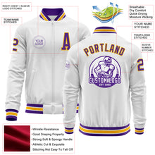 Load image into Gallery viewer, Custom White Purple-Gold Bomber Varsity Letterman Zipper Jacket
