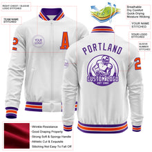 Load image into Gallery viewer, Custom White Orange-Purple Bomber Varsity Letterman Zipper Jacket
