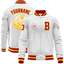 Load image into Gallery viewer, Custom White Red-Gold Bomber Varsity Letterman Zipper Jacket
