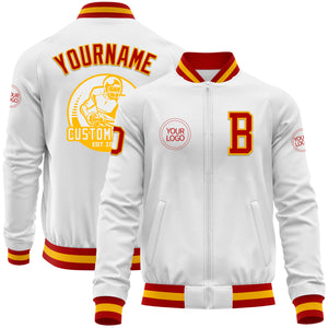 Custom White Red-Gold Bomber Varsity Letterman Zipper Jacket