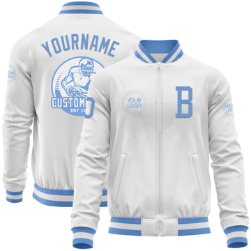 Custom White Light Blue Bomber Varsity Letterman Zipper Jacket