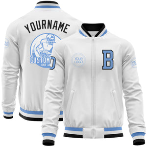 Custom White Light Blue-Black Bomber Varsity Letterman Zipper Jacket