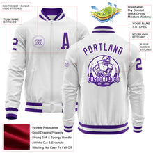 Load image into Gallery viewer, Custom White Purple Bomber Varsity Letterman Zipper Jacket
