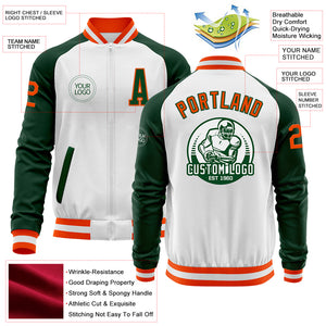 Custom White Orange-Green Bomber Varsity Letterman Two Tone Zipper Jacket