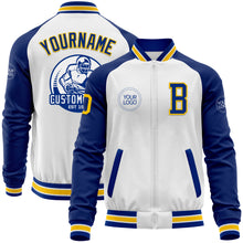 Load image into Gallery viewer, Custom White Yellow-Royal Bomber Varsity Letterman Two Tone Zipper Jacket
