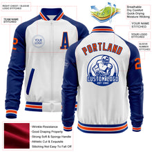 Load image into Gallery viewer, Custom White Orange-Royal Bomber Varsity Letterman Two Tone Zipper Jacket
