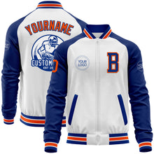 Load image into Gallery viewer, Custom White Orange-Royal Bomber Varsity Letterman Two Tone Zipper Jacket
