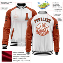 Laden Sie das Bild in den Galerie-Viewer, Custom White Black-Texas Orange Bomber Varsity Letterman Two Tone Zipper Jacket
