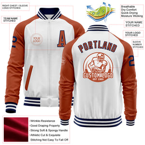 Custom White Navy-Texas Orange Bomber Varsity Letterman Two Tone Zipper Jacket