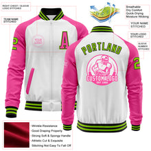 Загрузить изображение в средство просмотра галереи, Custom White Neon Green Black-Pink Bomber Varsity Letterman Two Tone Zipper Jacket
