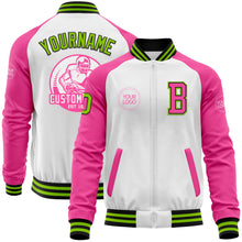 Загрузить изображение в средство просмотра галереи, Custom White Neon Green Black-Pink Bomber Varsity Letterman Two Tone Zipper Jacket
