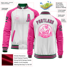 Load image into Gallery viewer, Custom White Kelly Green-Pink Bomber Varsity Letterman Two Tone Zipper Jacket
