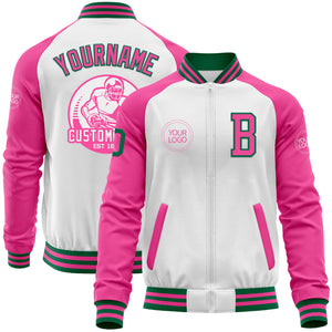 Custom White Kelly Green-Pink Bomber Varsity Letterman Two Tone Zipper Jacket