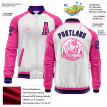 Laden Sie das Bild in den Galerie-Viewer, Custom White Purple Black-Pink Bomber Varsity Letterman Two Tone Zipper Jacket
