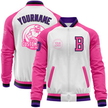 Laden Sie das Bild in den Galerie-Viewer, Custom White Purple Black-Pink Bomber Varsity Letterman Two Tone Zipper Jacket
