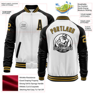 Custom White Old Gold-Black Bomber Varsity Letterman Two Tone Zipper Jacket