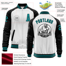 Load image into Gallery viewer, Custom White Teal-Black Bomber Varsity Letterman Two Tone Zipper Jacket
