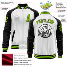 Load image into Gallery viewer, Custom White Neon Green-Black Bomber Varsity Letterman Two Tone Zipper Jacket
