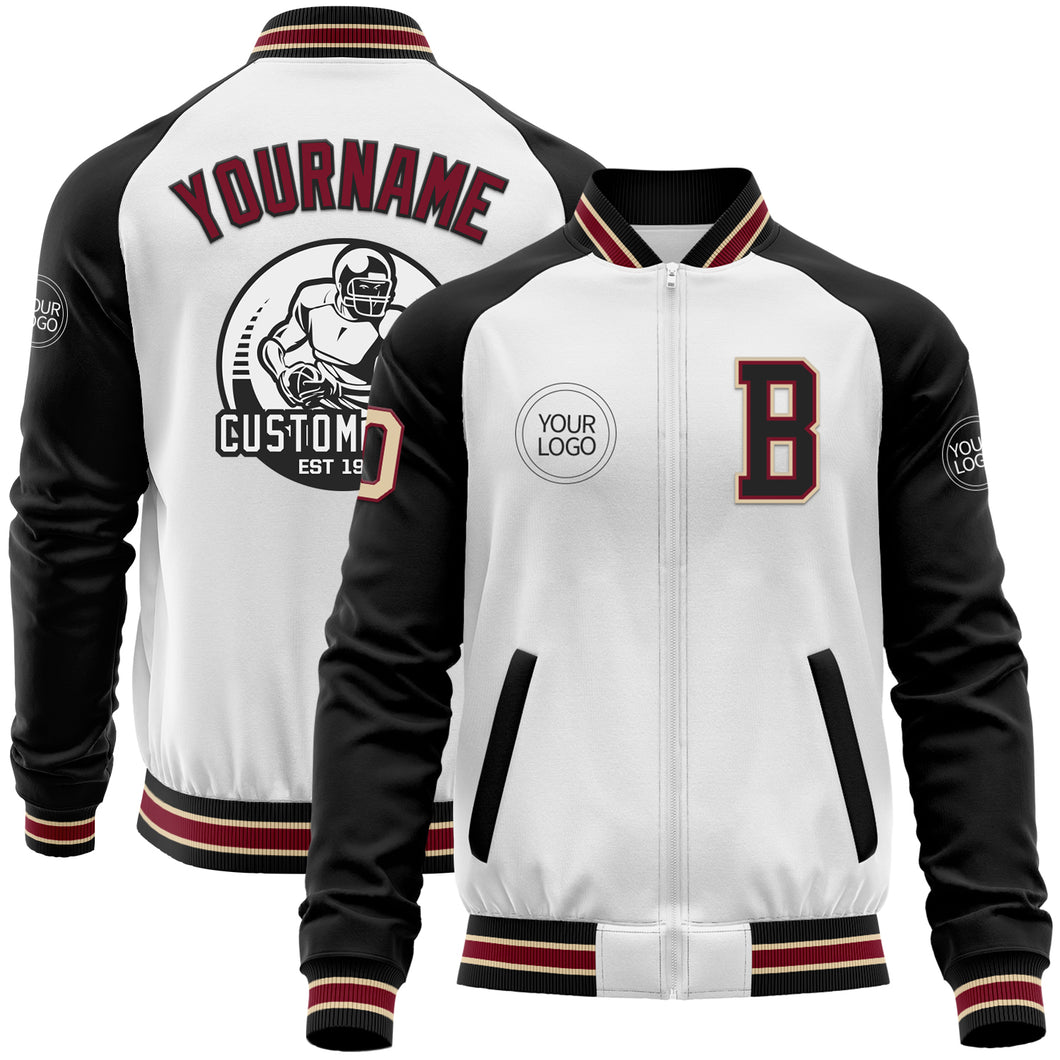 Custom White Cream Crimson City Cream-Black Bomber Varsity Letterman Two Tone Zipper Jacket