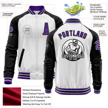 Laden Sie das Bild in den Galerie-Viewer, Custom White Purple-Black Bomber Varsity Letterman Two Tone Zipper Jacket
