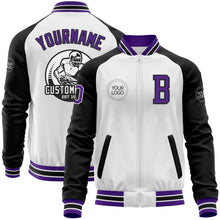 Laden Sie das Bild in den Galerie-Viewer, Custom White Purple-Black Bomber Varsity Letterman Two Tone Zipper Jacket
