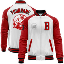 Laden Sie das Bild in den Galerie-Viewer, Custom White Black-Red Bomber Varsity Letterman Two Tone Zipper Jacket
