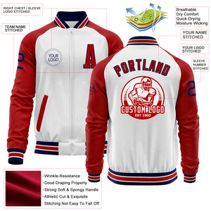 Custom White Navy-Red Bomber Varsity Letterman Two Tone Zipper Jacket