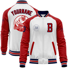 Load image into Gallery viewer, Custom White Navy-Red Bomber Varsity Letterman Two Tone Zipper Jacket
