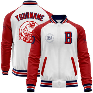 Custom White Navy-Red Bomber Varsity Letterman Two Tone Zipper Jacket